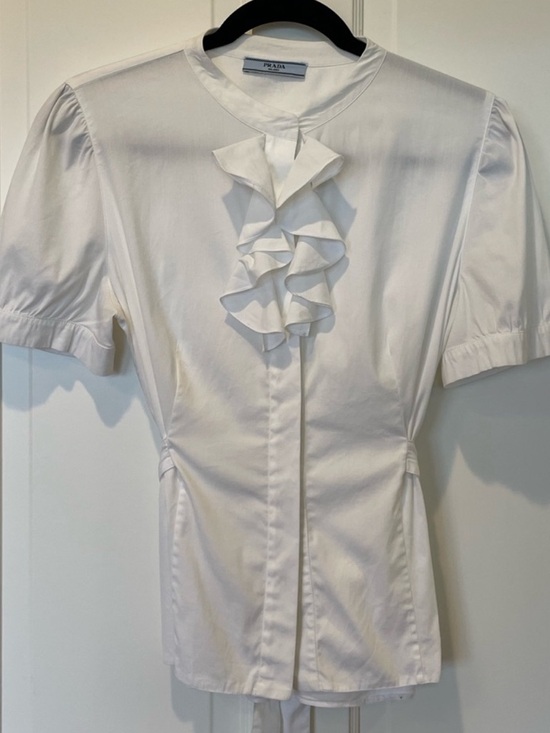 Prada Tops - Prada White Short Sleeve Ruffle Front Blouse with Tie Back Size 44/12